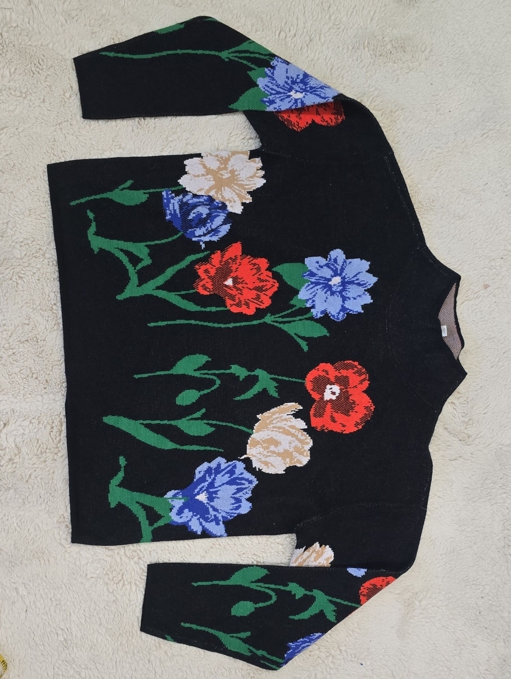 Maeve Black Crewneck Sweater with Red, Blue, Cream & Green Floral Jacquard